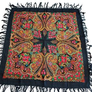 Floral Paisley Square Scarf Black Fringe Bohemian Folk Art Gypsy Festival
